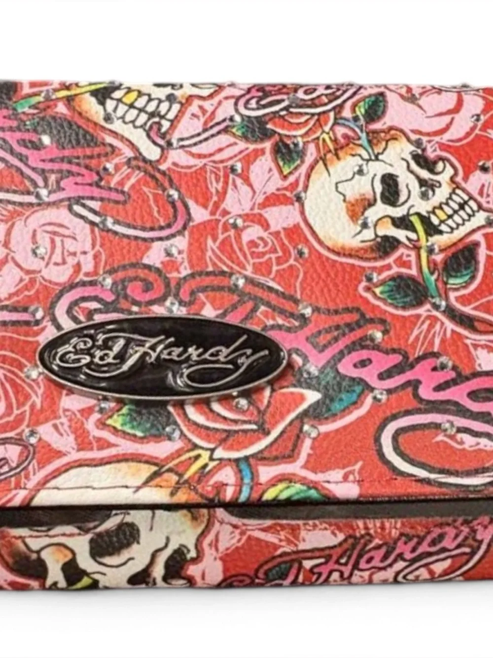 Ed Hardy skull & rose print rhinestone, embellished, trifold wallet NWT